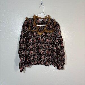 Othilia Shirt Womens XS Black Floral Ruffle Trim Long Sleeve 100% Cotton Boho